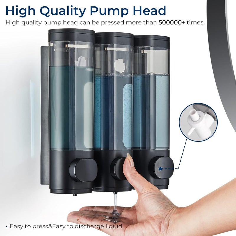 pollock Shower Dispenser 3 Chamber No Drill Shampoo Conditioner Body Wash Dispenser for Bathroom, Large Capacity, Black - Image 2